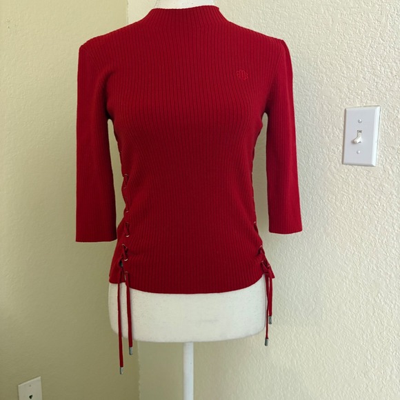 MAJE Manuello lace-up mock-neck stretch-knit jumper Wool Blend Top Sz 2 US M - Picture 4 of 12